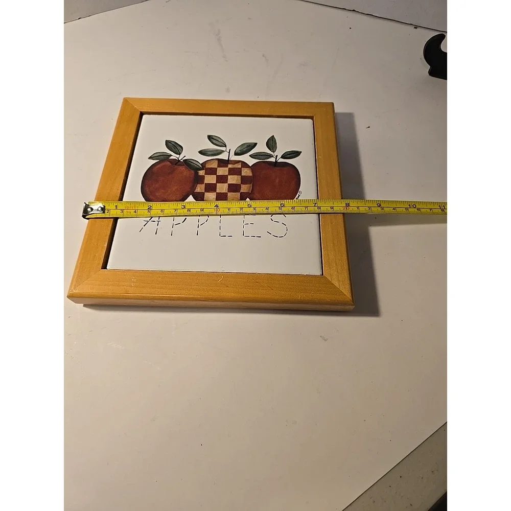 Vintage Apples Wood Trimmed Ceramic Trivet Kitchen Decor Country Hotpad‎ Checker